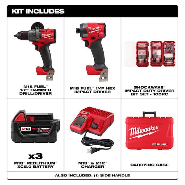 M18 FUEL 18V Cordless Hammer Drill/Impact Combo Kit (2-Tool) w/5.0Ah Battery & SHOCKWAVE Bit Set (100-Pc)