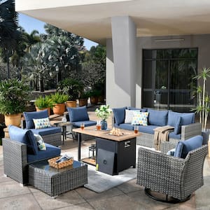 Sanibel Gray 10-Piece Wicker Patio Conversation Sofa Set with a Swivel Chair, a Storage Fire Pit and Denim Blue Cushions