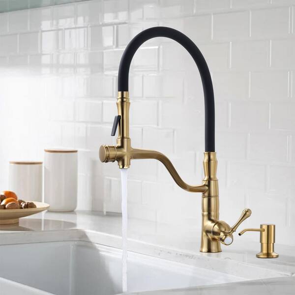20.4 in. H Single Handle Brass Pull Down Sprayer Kitchen Faucet with 360° Swivel Spout and Soap Dispenser in Gold