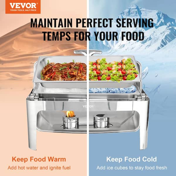 VEVOR 9 qt. Roll Top Chafing Dish Buffet Set Stainless Steel Chafer with 2 Half Size Pans Rectangle Catering Warmer Server