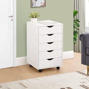 5 Drawers White Wood Storage Dresser with Wheels, Craft Storage Organization and Storage Drawer Office Drawer Unit