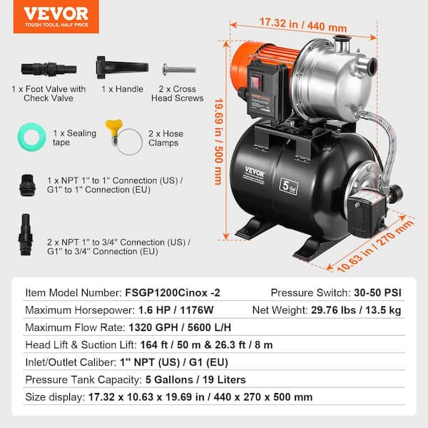 VIVOSUN 1.6 HP NSF Certified 1320 GPH Shallow Well Pump With Pressure Tank VSP-SWP-PT16 - The Home Depot