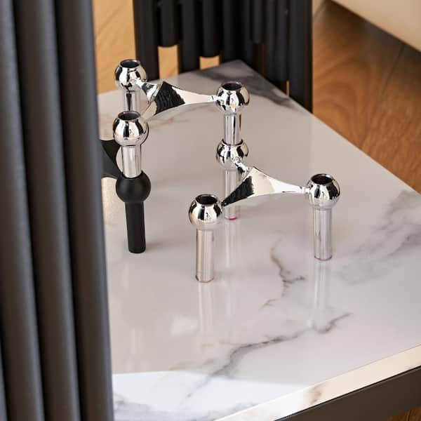 CSC DECOR INC 17 in. Black Square Wood Narrow Side Table, Faur Marbling End Table Beside Table, Nightstand with 2-Tier Storage Shelves