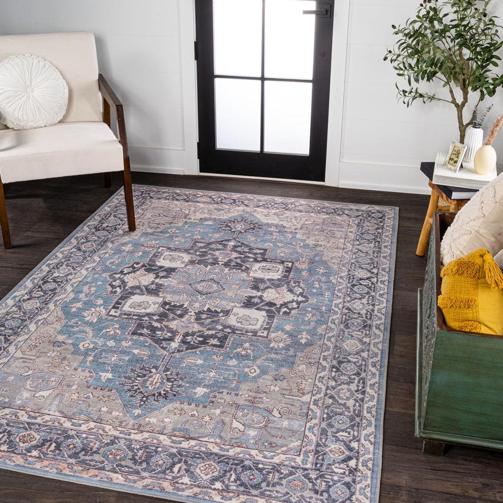 Maris Ornate Medallion Blue/Cream Chenille 4' x 6' Washable Area Rug