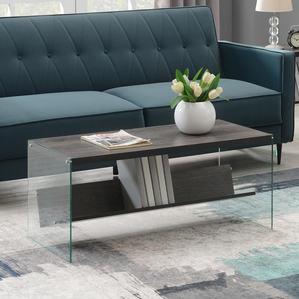 Weathered Gray and Glass Modern Coffee Table with Shelf