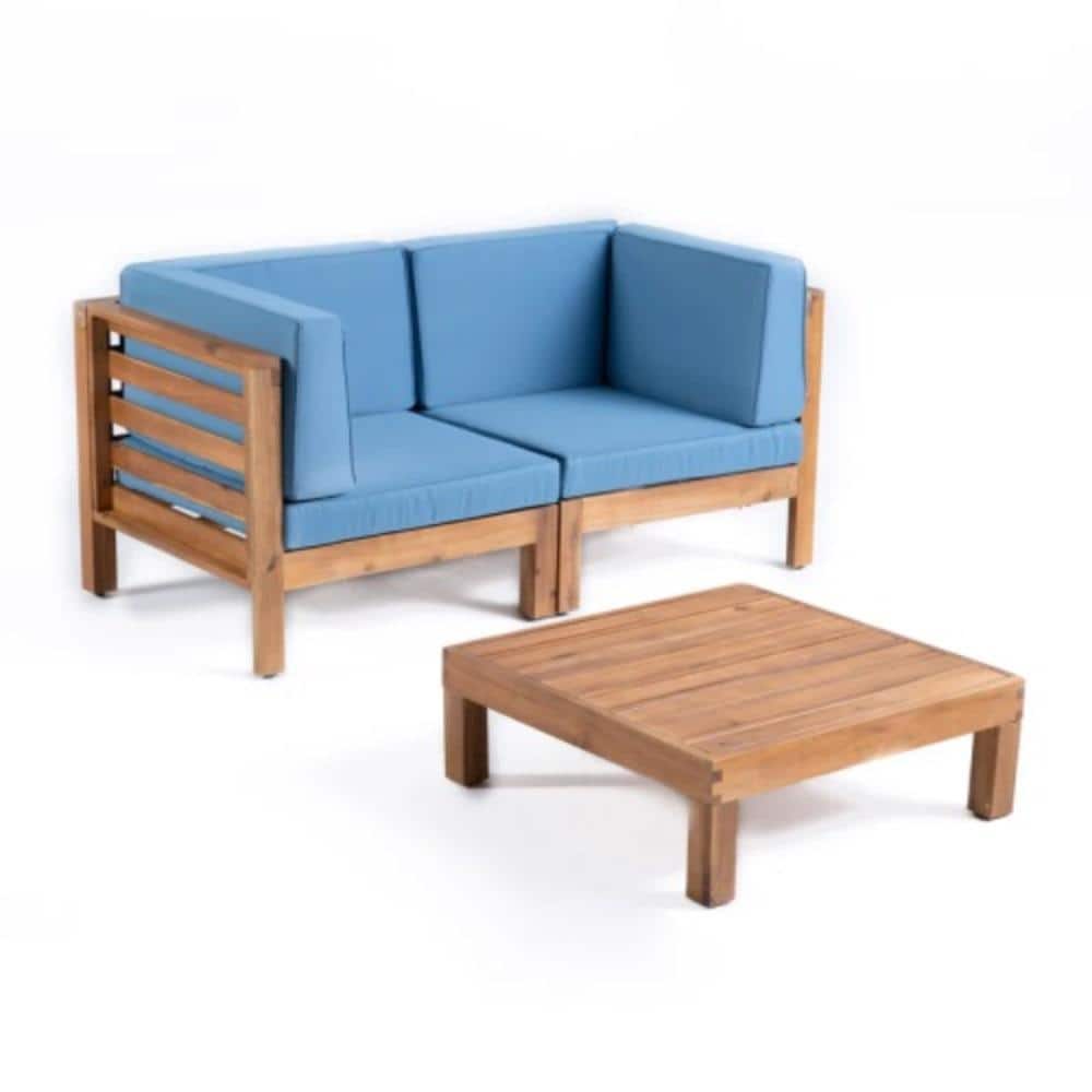 3-Piece Acacia Wood Patio Conversation Set with Blue Cushions, Water Resistant price history on PriceWatchPro