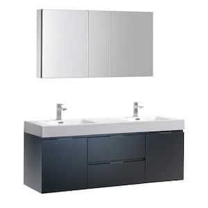 Valencia 60 in. W Wall Hung Vanity in Dark Slate Gray, Acrylic Double Vanity Top in White with White Basin, Medicine Cab