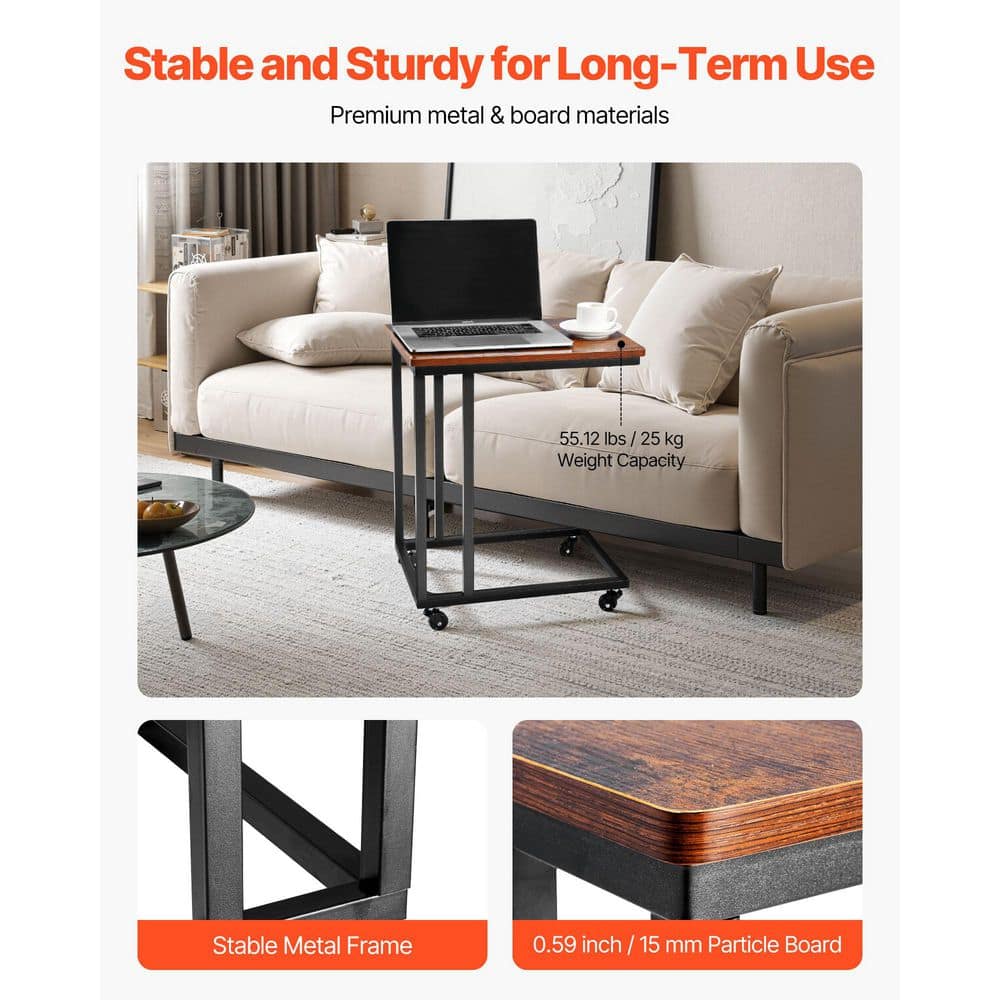 C-shaped side table being used with a laptop in a living room setting.
