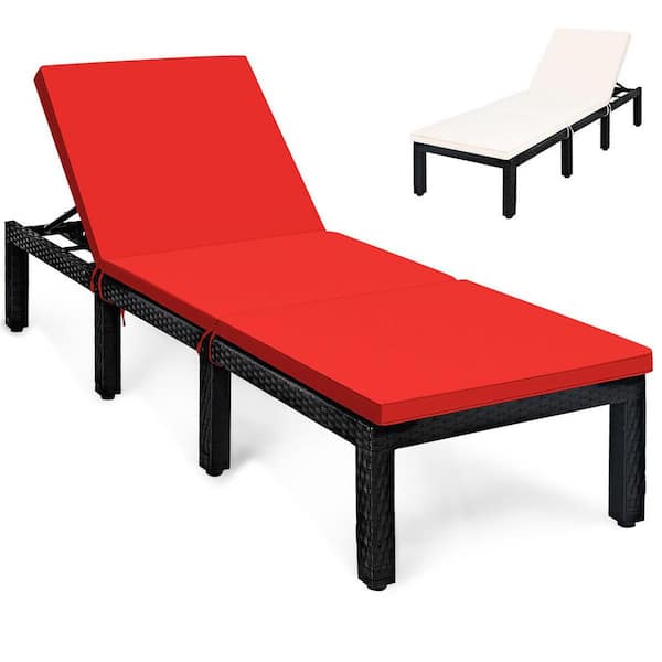 Gymax Patio Lounge Chair Rattan Chaise with Adjustable Red and Off White Cushioned
