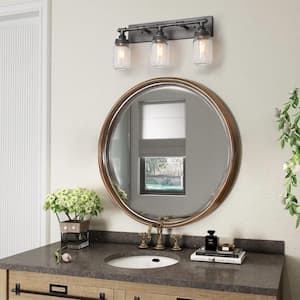 Laurel 24.4 in. 3-Light Black Bath Vanity Light Brushed Weathered Iron Graphite Wall Sconce with Mason Glass Jar Shades