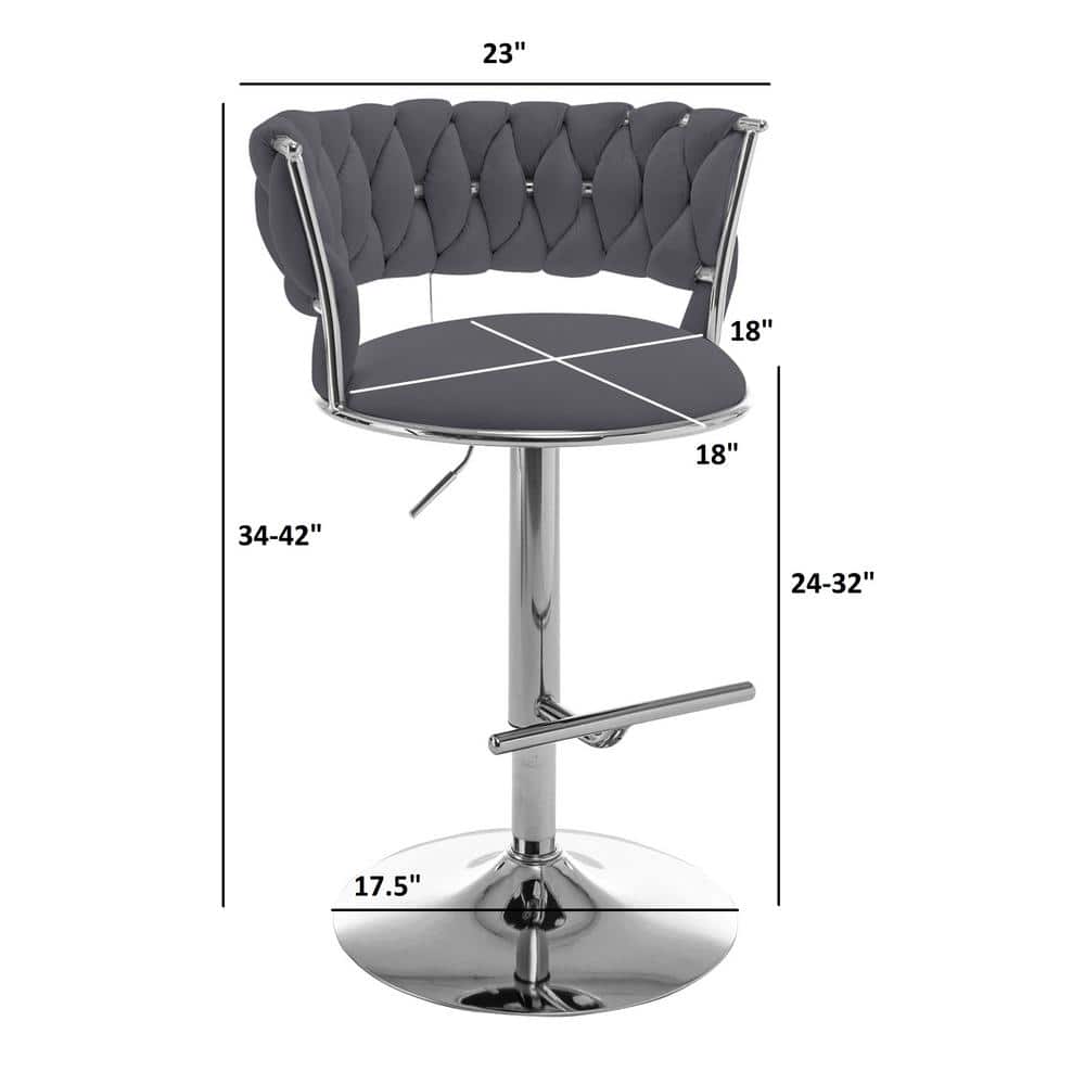 Adjustable Dark Gray Velvet Swivel Bar Stools with Chrome Base