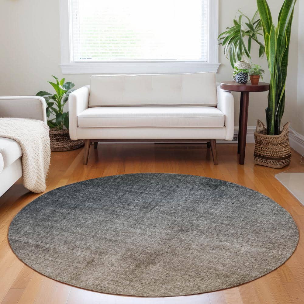 Gray Round Machine Washable Synthetic Area Rug 8' x 8'