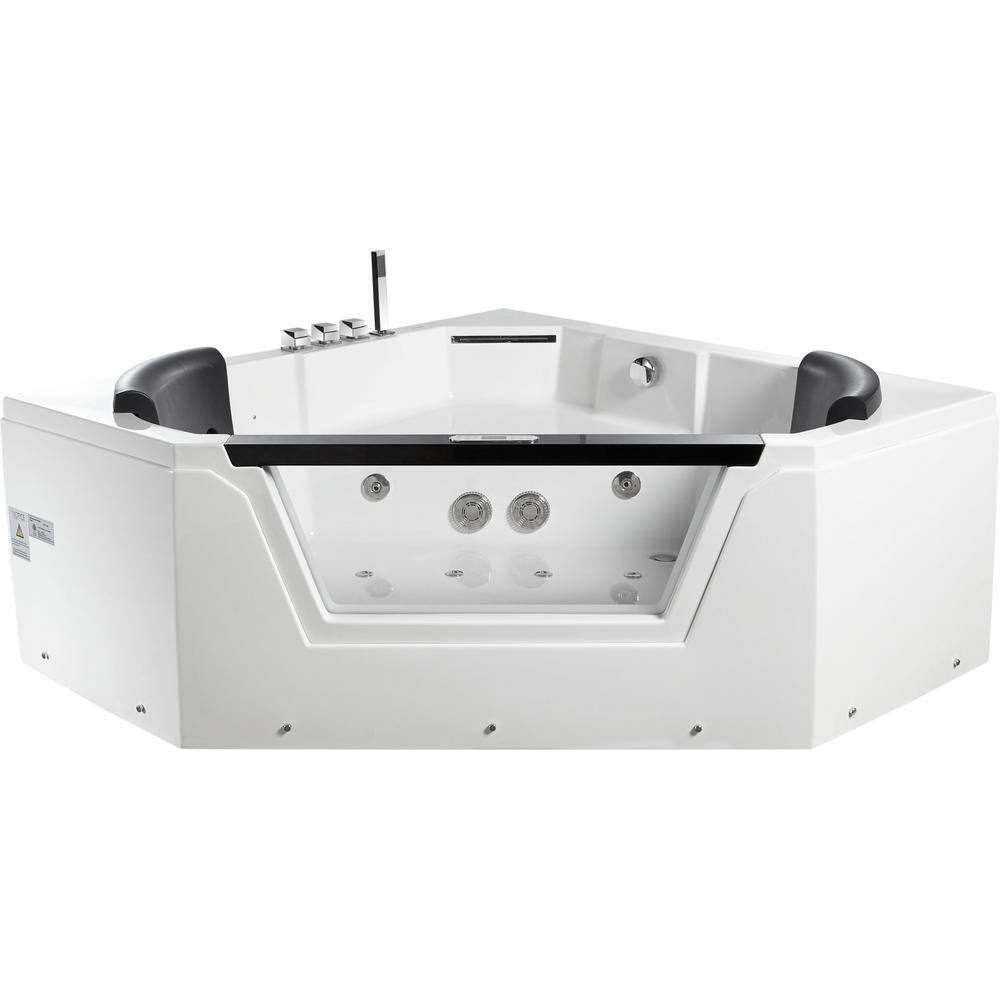 59'' White Acrylic Corner Whirlpool Bathtub with Glass Panel