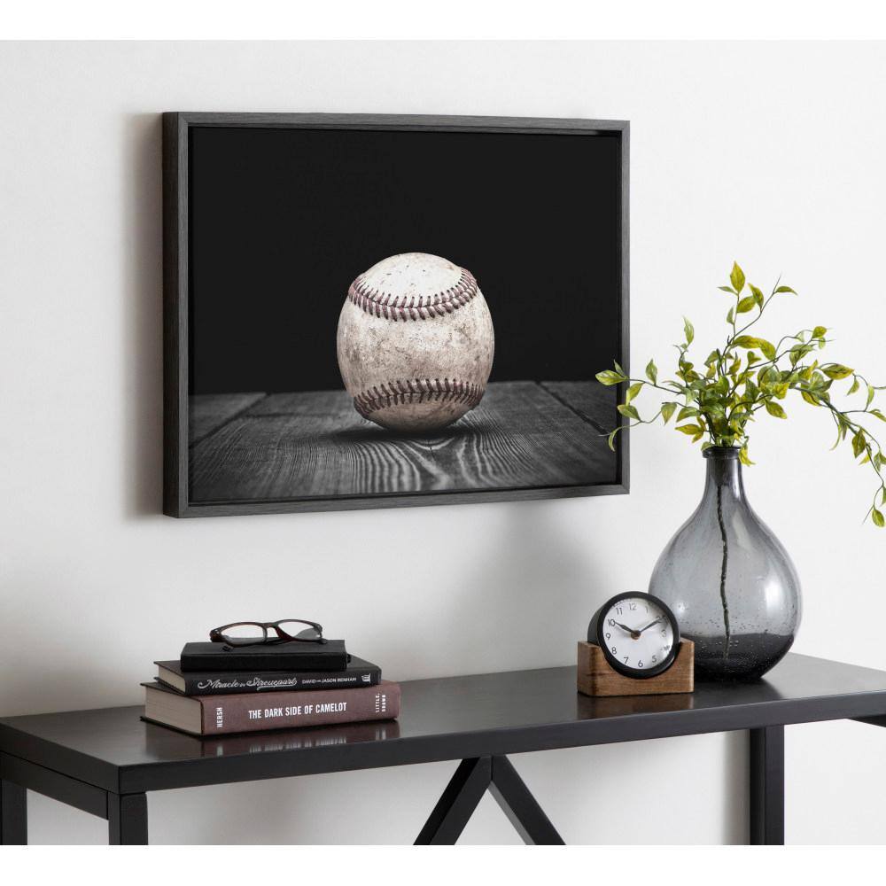 Vintage Baseball Framed Canvas Print in Gray Woodgrain