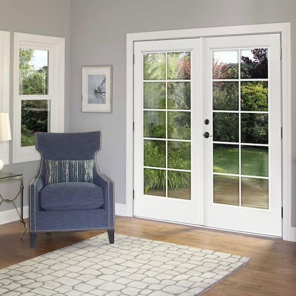 60 in. x 80 in. Fiberglass Smooth White Left-Hand/Outswing Hinged French Patio Door with 10-Lite GBG