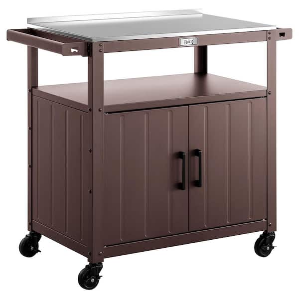 Outdoor Grill Cart with Stainless Steel Tabletop and Storage Cabinet in Brown