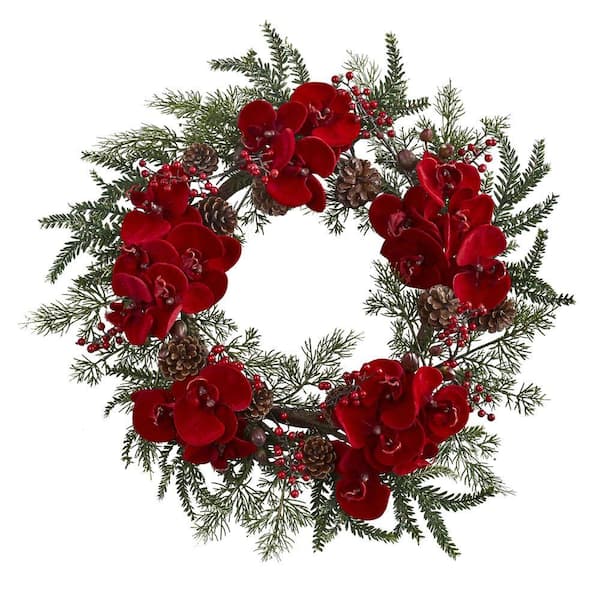Nearly Natural 22in. Orchid, Berry and Pine Holiday Artificial Wreath