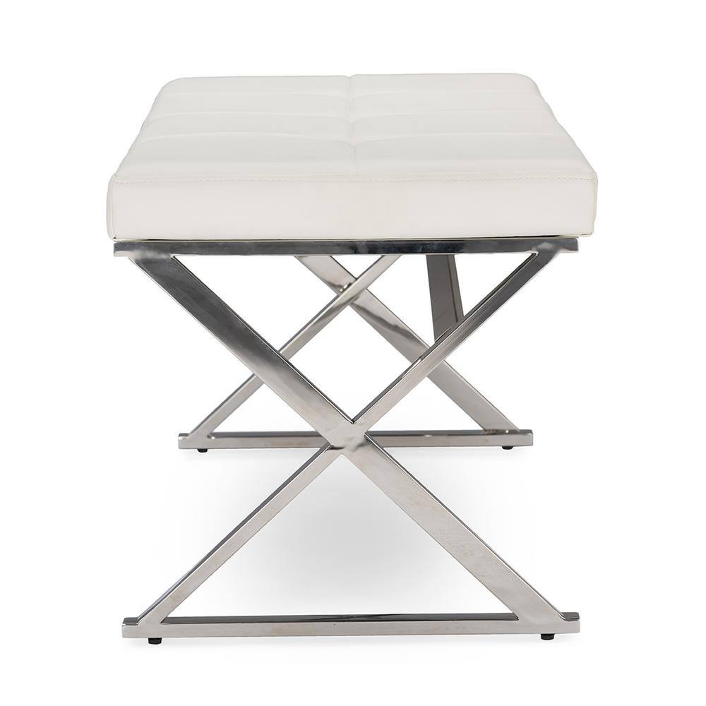 Herald White Faux Leather and Stainless Steel Rectangular Bench
