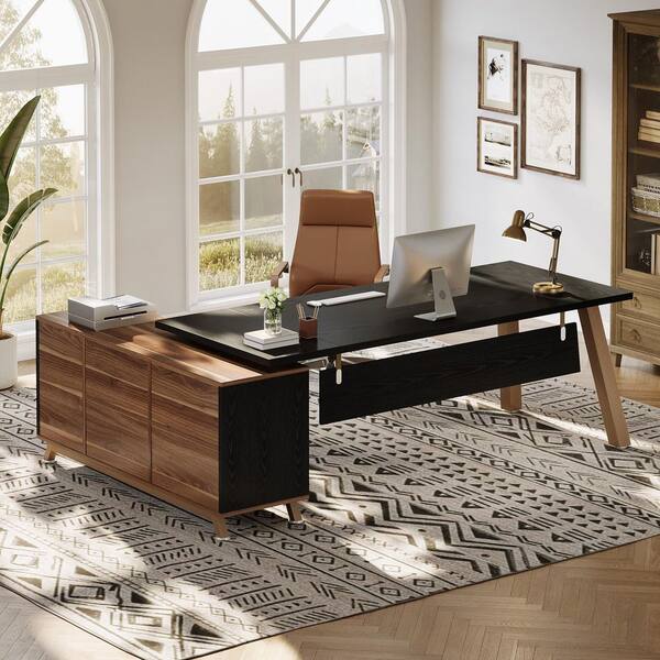 BYBLIGHT Lanita 78.7 in. L-Shaped Black Wood 2-Drawer Executive