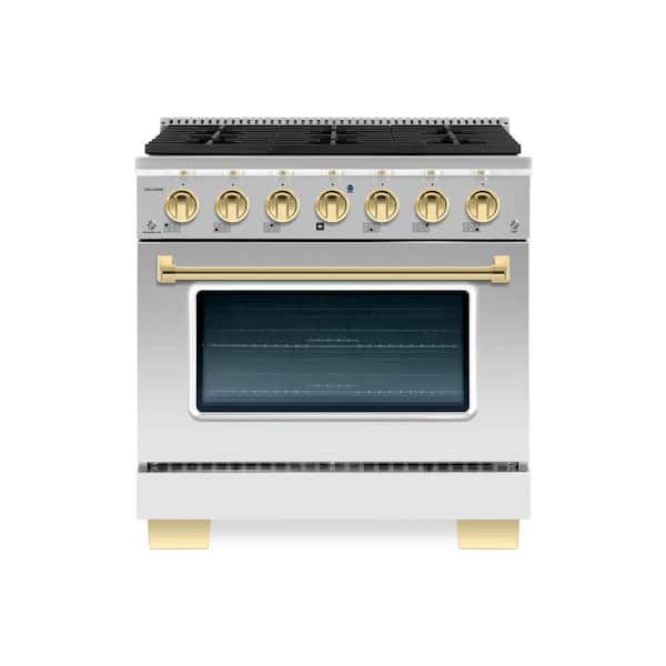 Hallman BOLD 36" 5.2CuFt 6 Burner Freestanding Dual Fuel Range with Gas Stove and Electric Oven, Stainless steel with Brass Trim