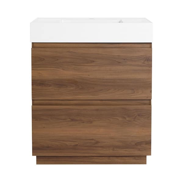 30 in. Single Sink Freestanding Brown Bath Vanity with White Resin Top, Bevel Handle, Drawer Slide Rail