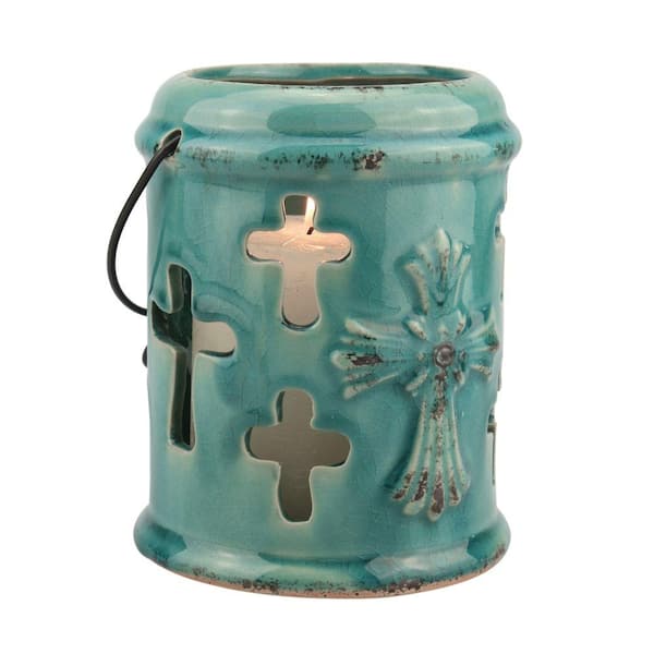 Stonebriar Collection 6 in. H Turquoise Ceramic Cross Hanging Lantern