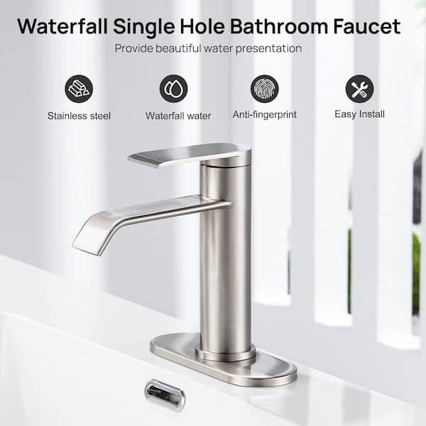 Single Hole Waterfall Spout Deck Mount Bathroom Sink Faucet with Pop Up Drain and Deck Plate in Brushed Nickel