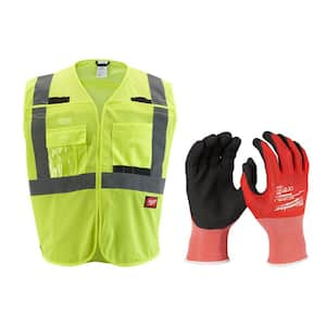 Small/Medium Yellow Class 2 Breakaway Mesh High Vis Safety Vest and Large Red Nitrile Cut Level 1 Dipped Work Gloves