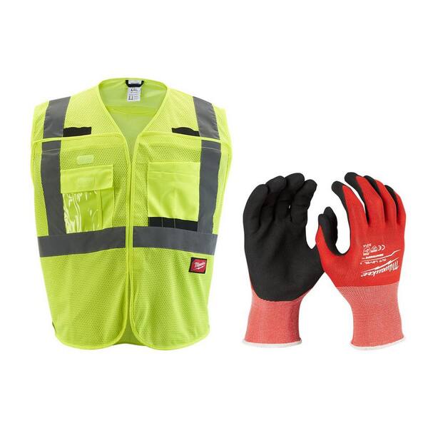 Milwaukee 2X/3X-Large Yellow Class 2 Breakaway Mesh High Vis Safety Vest and X-Large Red Nitrile Cut Level 1 Dipped Work Gloves