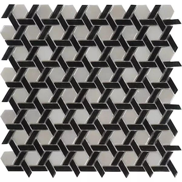 Apollo Tile Black and White 11.7 in. x 11.9 in. Hexagon Polished Glass Mosaic Floor and Wall Tile (10-Pack) (9.67 sq. ft./Case)