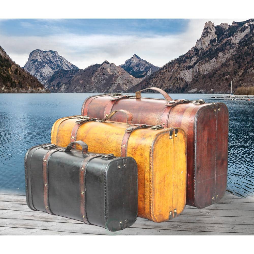 Vintage Style 3-Piece Brown and Black Wood Suitcase Set