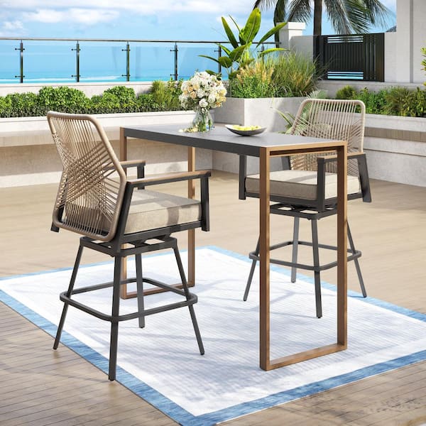 3-Piece Metal Bar Height Woven Rope Outdoor Dining Set with Rectangle Table and Swivel Bar Stools with Beige Cushions