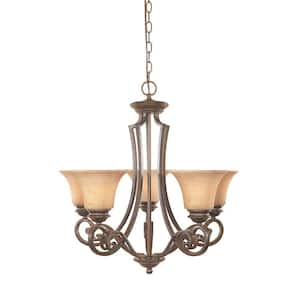 Mendocino 5-Light Traditional Forged Sienna Chandelier with Warm Amber Glaze Glass Shades For Dining Rooms