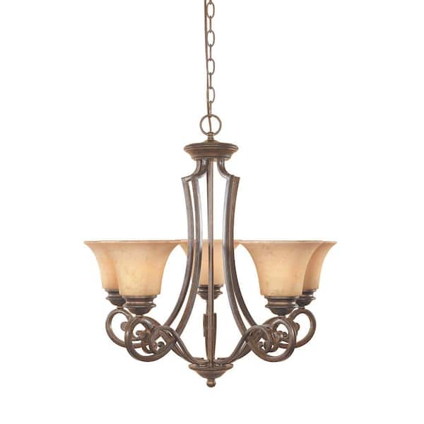 Designers Fountain Mendocino 5-Light Traditional Forged Sienna Chandelier with Warm Amber Glaze Glass Shades For Dining Rooms