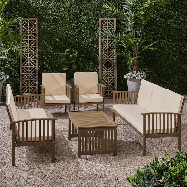 Noble House Carolina Grey 5-Piece Wood Patio Conversation Seating Set with Cream Cushions