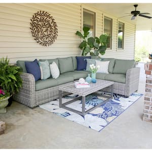 Forsyth 5-Piece Wicker Outdoor Sectional with Sunbrella Sage Cushions