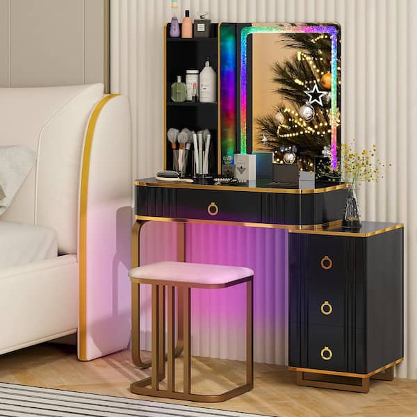 2-Piece Black Makeup Vanity Set with RGB LED Lights Crystal Crush Diamond Mirror Drawers
