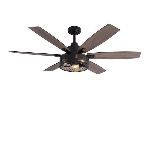 60 in. Indoor Matte Black Layered Caged Ceiling Fan with Light Kit, Reversible Blades and Remote Included