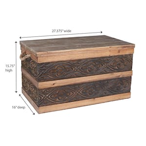 15.75 in, H x 27.375 in. W Brown and Blond Decorative Trunk, Embossed Metal, Large, Walnut and Almond Stain