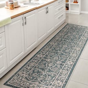 Palazzo Teal/Gray 2 ft. x 10 ft. Vine and Border Textured Weave Indoor/Outdoor Runner Rug