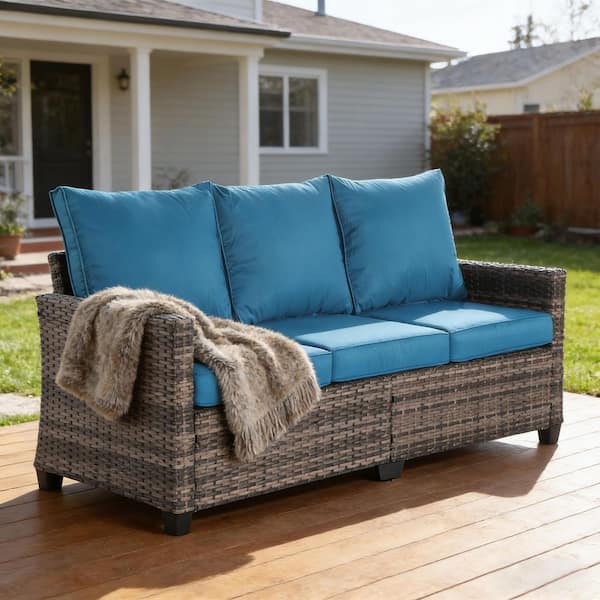 3-Seat Wicker Outdoor Patio Sofa Sectional Couch with Peacock Blue Cushions