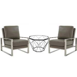 Jefferson Leather Arm Chair with Silver Frame (Set of 2) and Octagonal Coffee Table with Geometric Base (Grey)