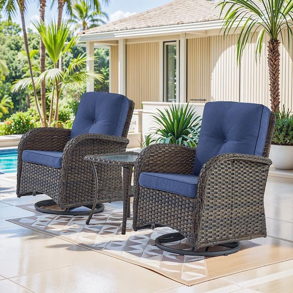 Bellefurn Rotavia 3-Piece Brown Wicker Patio Conversation Set with Olefin Blue Cushions Outdoor Swivel Glider with Side Table