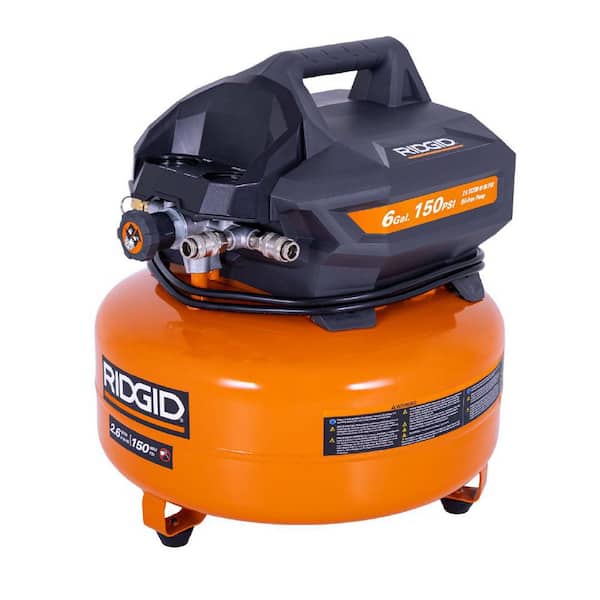 RIDGID 6 Gal. 150 PSI Portable Electric Oil-Free Jobsite Pancake Air Compressor with Dual Pressure Gauges and 2-Quick Couplers