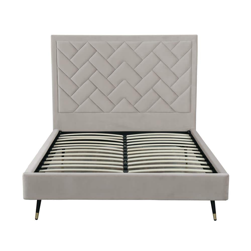 Queen Cream Velvet Upholstered Bed with Chevron Headboard