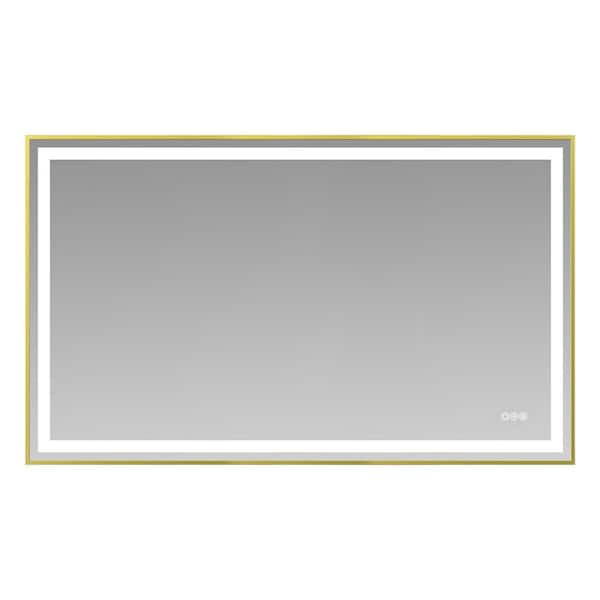 60 in. W x 36 in. H Rectangle Framed LED Anti-Fog Wall Bathroom Vanity Mirror in Gold