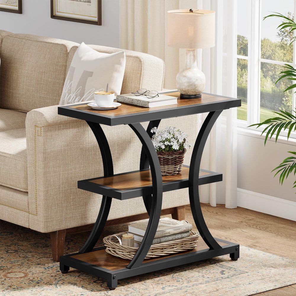 23.6 in. Rustic Brown Rectangle Engineered Wood End Table with Storage Shelves, Narrow Side Table with Metal Frame - thumbnail 7