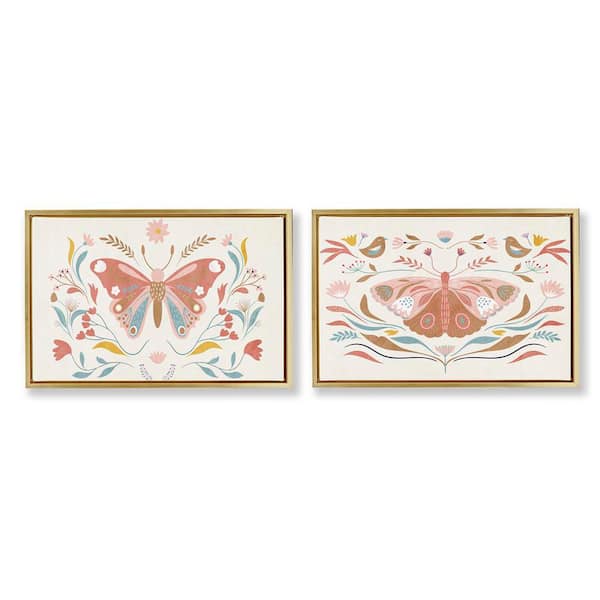 Folk Butterflies and Florals by Kim Allen 2-Pieces Gold Floater Frame Animal Graphic Art Print 21 in. x 31 in.