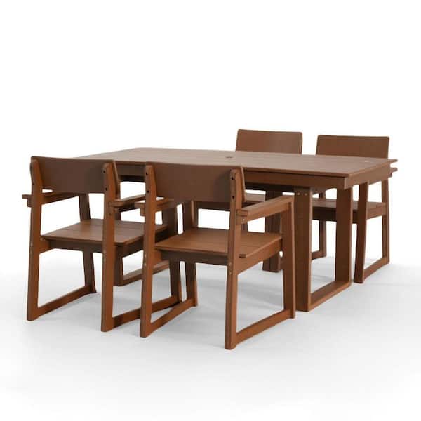 5-Piece HDPE Outdoor Dining Conversation Sectional Sofa Set, 69 in. L Rectangular Table with Umbrella Hole, Brown