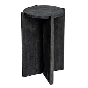 13.35 in. Large Black Smooth and Glossy Finish Round Paulownia Wood End Table